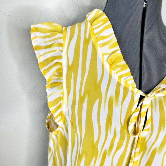 Bobeau Yellow White Animal Print Ruffle Tie Neck Blouse Women's Size X-Large XL - Picture 2 of 9